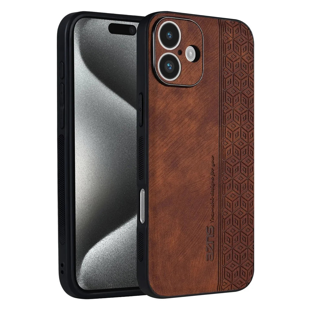 AZNS For iPhone 16 Plus Case Protective PU Leather Covered TPU Phone Shell - Brown - 1