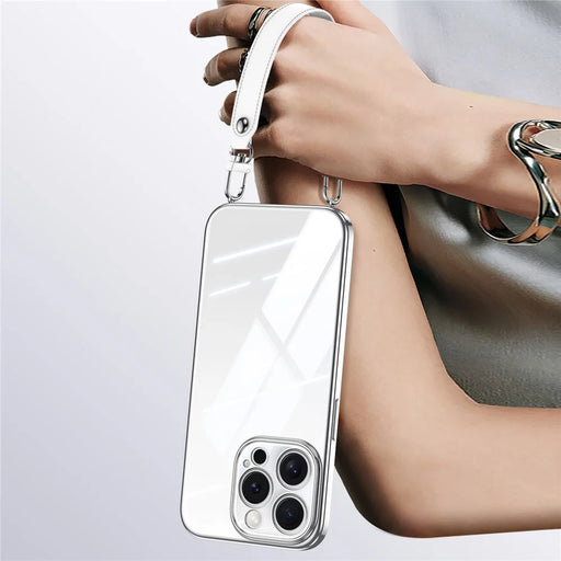 SULADA For iPhone 15 Pro Max Case Electroplating Ultra Clear Soft TPU Phone Cover with PU Wrist Strap - White - 1