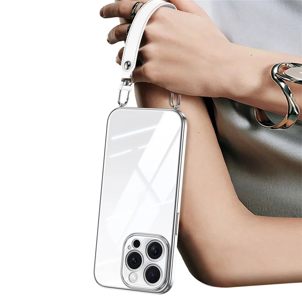 SULADA For iPhone 16 Pro Max Case Electroplating Ultra Clear Soft TPU Phone Cover with PU Wrist Strap - White - 1