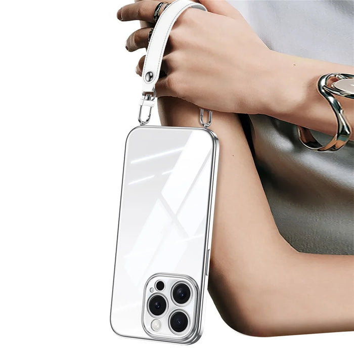 SULADA For iPhone 16 Pro Max Case Electroplating Ultra Clear Soft TPU Phone Cover with PU Wrist Strap - White - 1