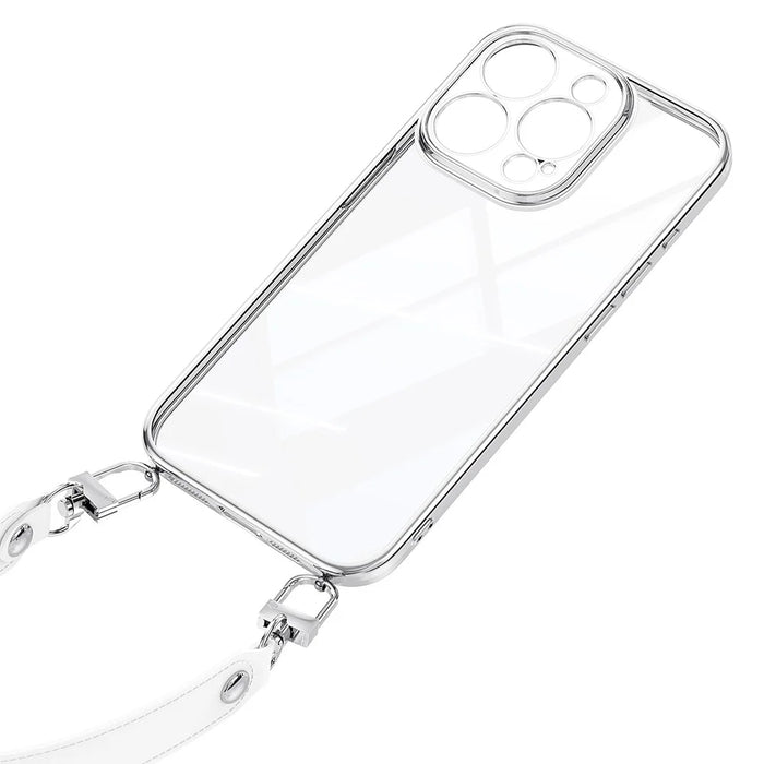SULADA For iPhone 16 Pro Max Case Electroplating Ultra Clear Soft TPU Phone Cover with PU Wrist Strap - White - 5