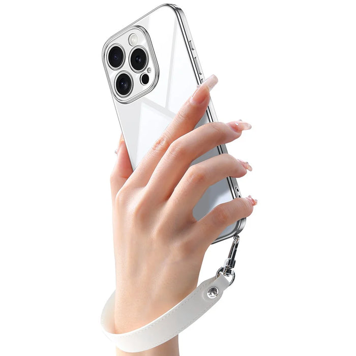 SULADA For iPhone 16 Pro Max Case Electroplating Ultra Clear Soft TPU Phone Cover with PU Wrist Strap - White - 6