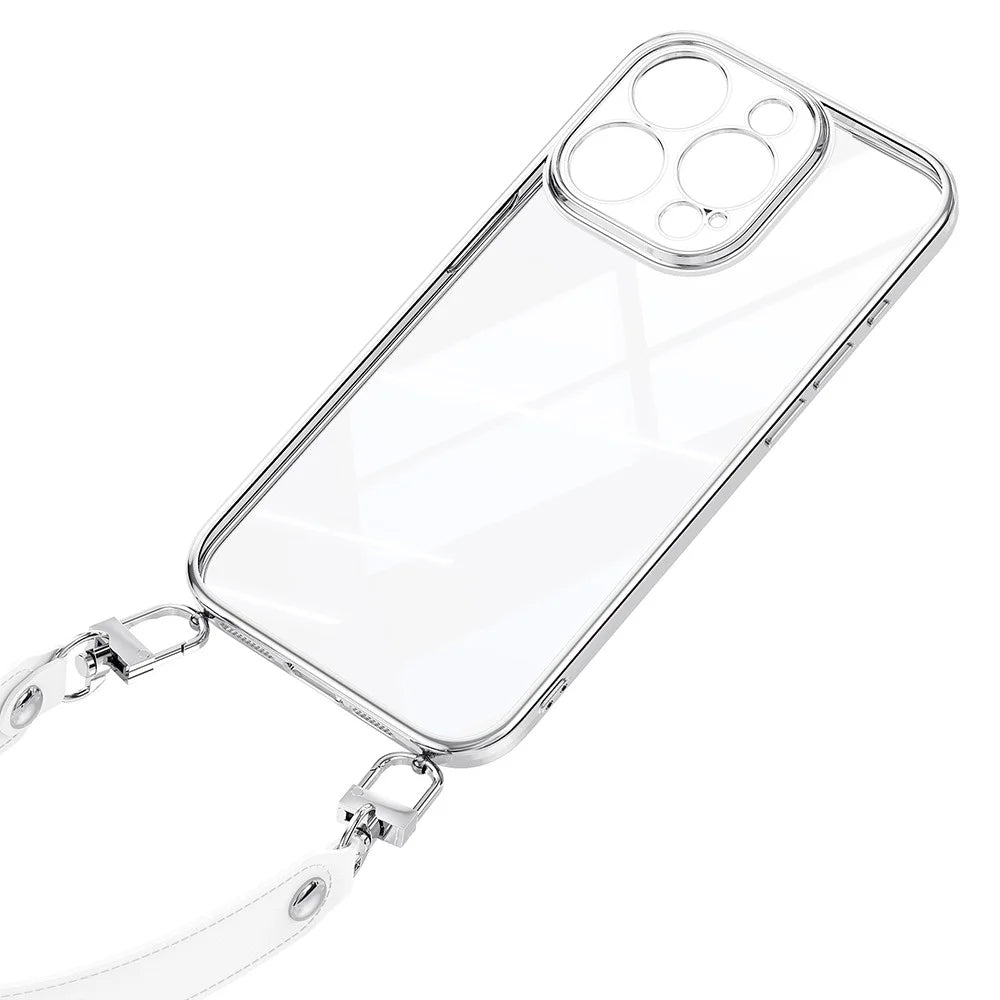 SULADA For iPhone 16 Pro Case Electroplating Ultra Clear Soft TPU Phone Cover with PU Wrist Strap - White - 5
