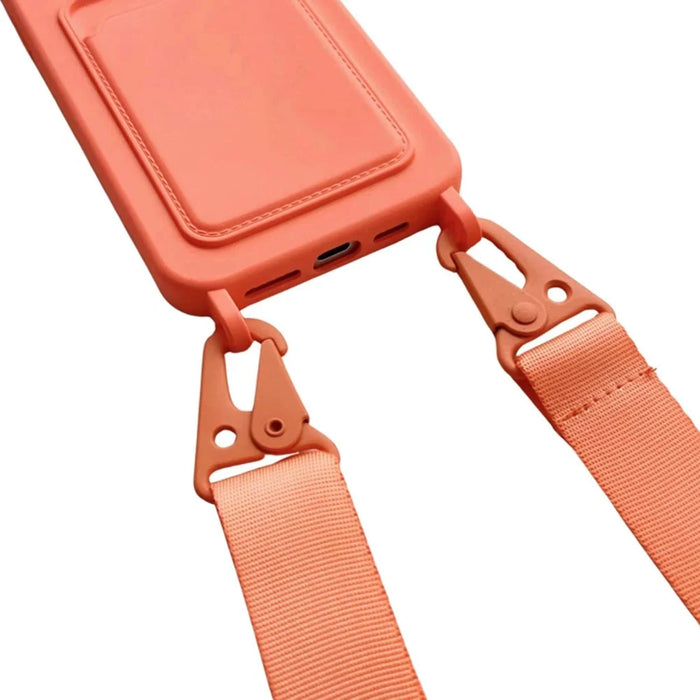 For iPhone 16 Case Liquid Silicone Card Slot Soft Phone Cover with Lanyard Strap - Orange - 3