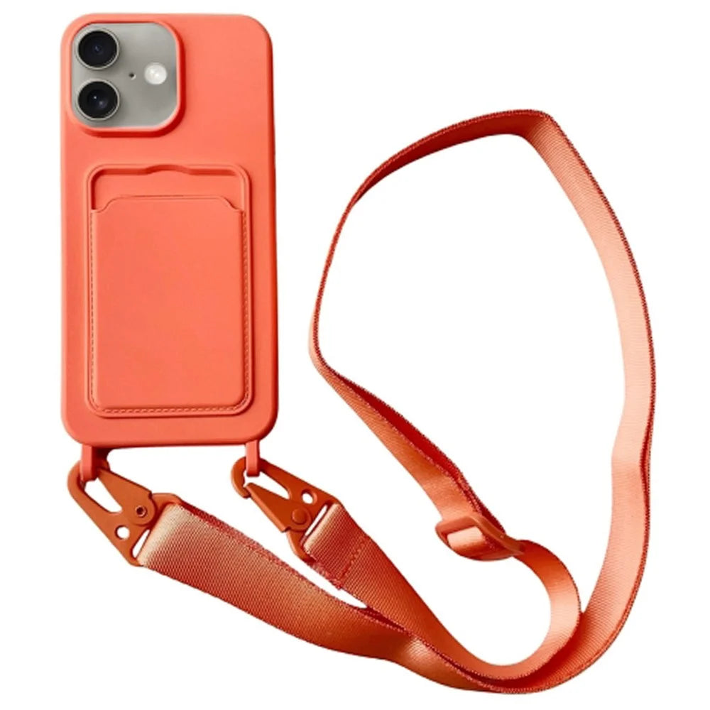 For iPhone 16 Plus Case Liquid Silicone Card Slot Soft Phone Cover with Lanyard Strap - Orange - 1
