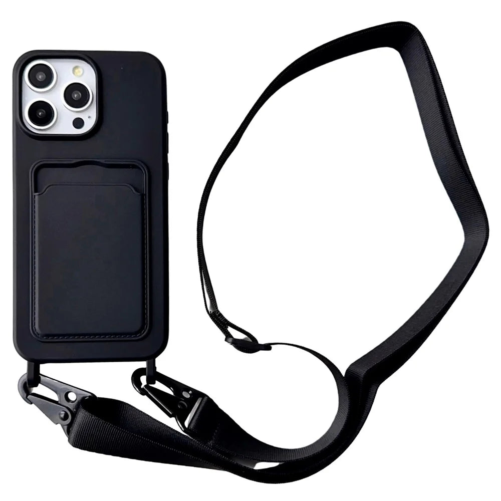 For iPhone 16 Pro Max Case Liquid Silicone Card Slot Soft Phone Cover with Lanyard Strap - Black - 1