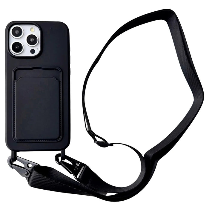 For iPhone 16 Pro Max Case Liquid Silicone Card Slot Soft Phone Cover with Lanyard Strap - Black - 1