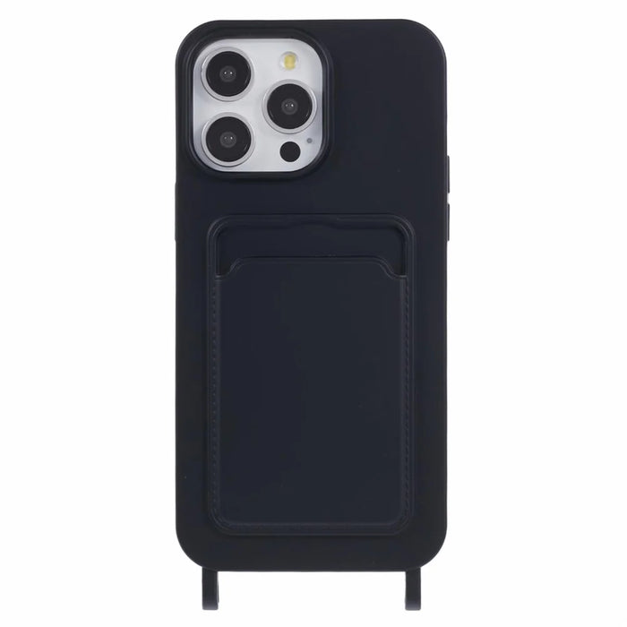 For iPhone 16 Pro Max Case Liquid Silicone Card Slot Soft Phone Cover with Lanyard Strap - Black - 3