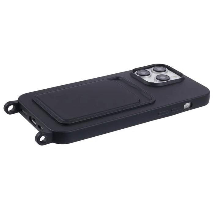 For iPhone 16 Pro Max Case Liquid Silicone Card Slot Soft Phone Cover with Lanyard Strap - Black - 5