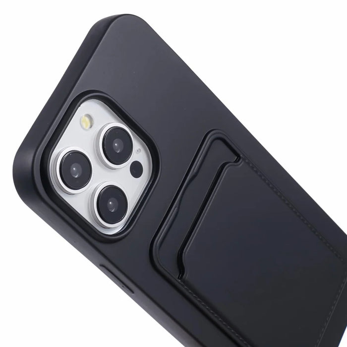 For iPhone 16 Pro Max Case Liquid Silicone Card Slot Soft Phone Cover with Lanyard Strap - Black - 6