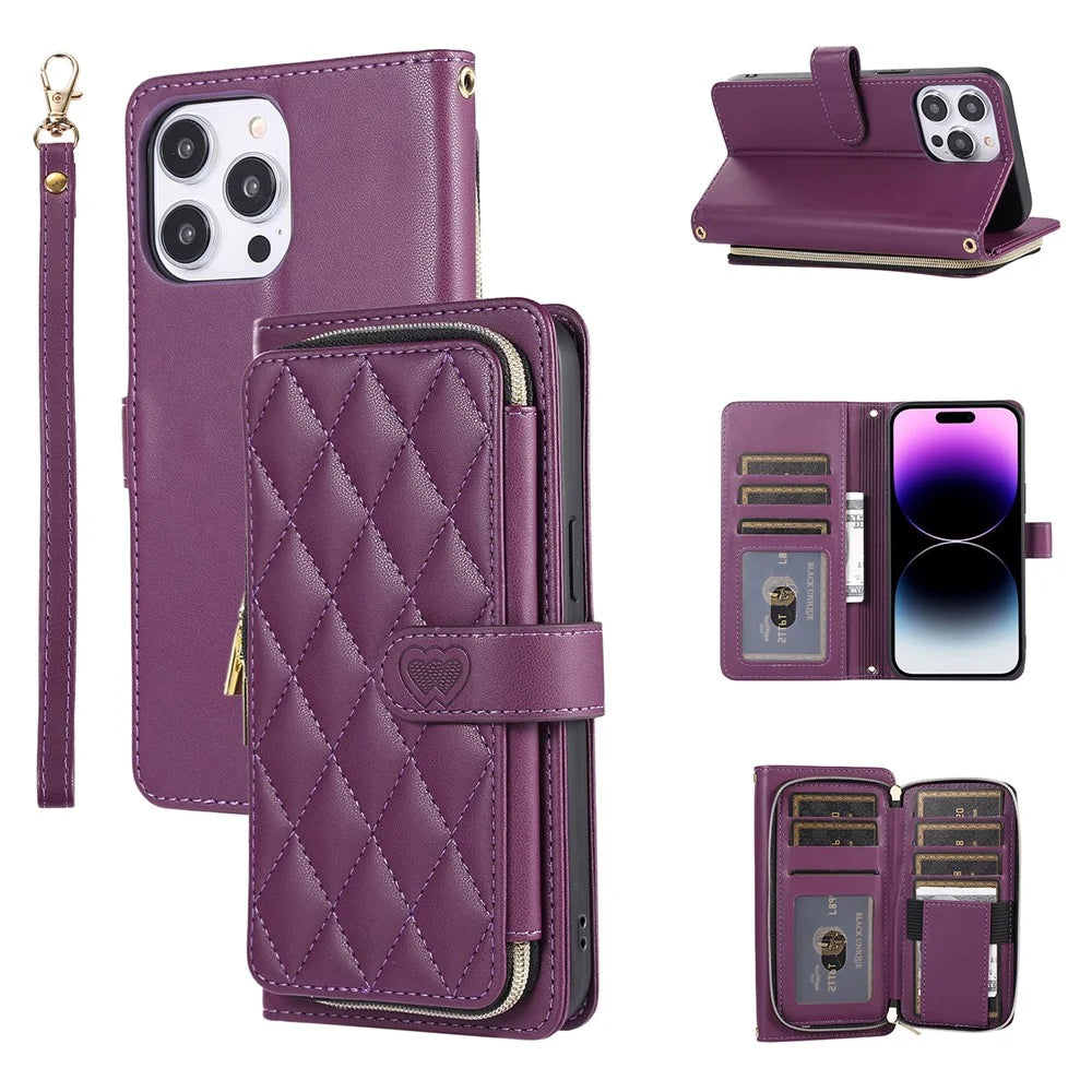 For iPhone 16 Pro Max Wallet Case Folio PU Leather Stand Rhombus Phone Cover with Hand Strap - Dark Purple - 1