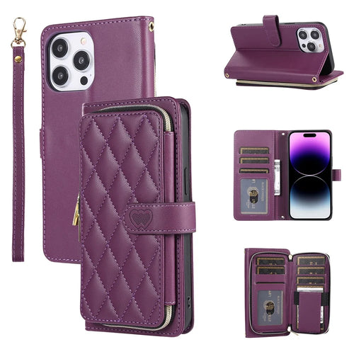 For iPhone 16 Pro Max Wallet Case Folio PU Leather Stand Rhombus Phone Cover with Hand Strap - Dark Purple - 1
