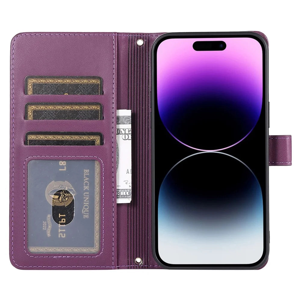 For iPhone 16 Pro Max Wallet Case Folio PU Leather Stand Rhombus Phone Cover with Hand Strap - Dark Purple - 2