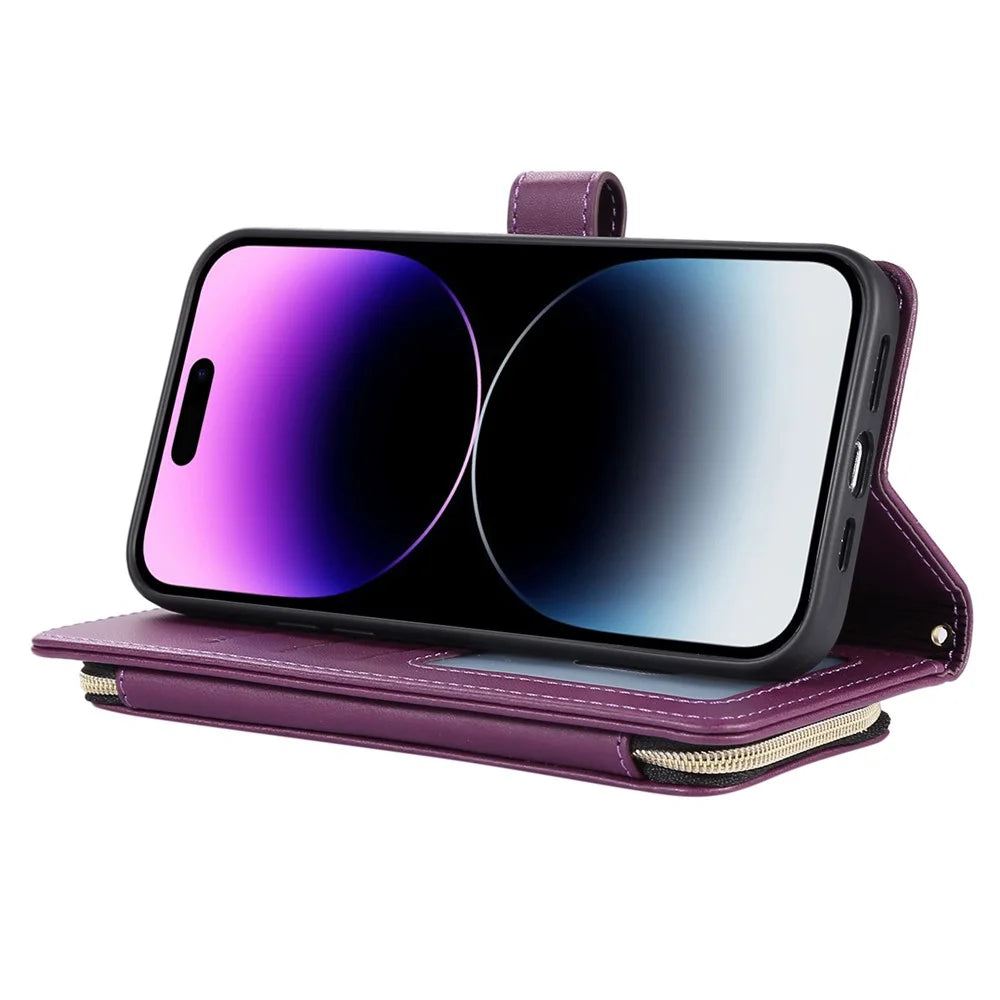 For iPhone 16 Pro Max Wallet Case Folio PU Leather Stand Rhombus Phone Cover with Hand Strap - Dark Purple - 3
