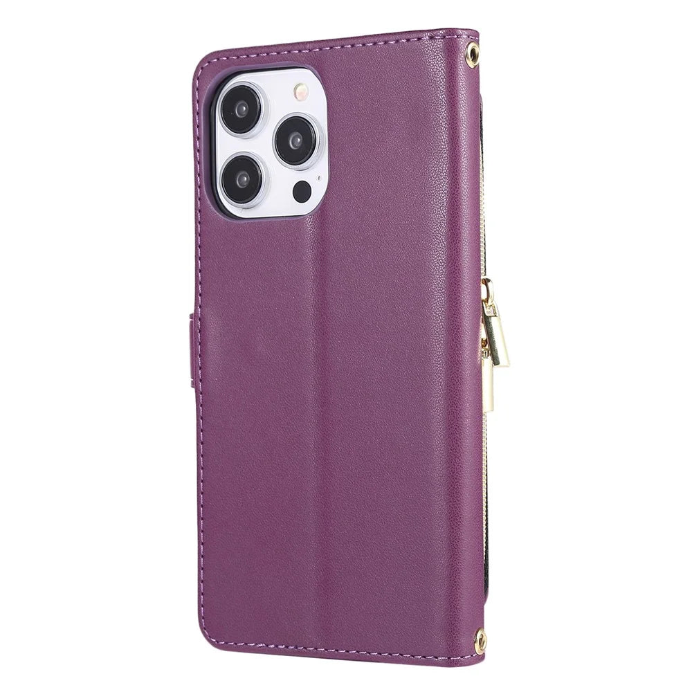 For iPhone 16 Pro Max Wallet Case Folio PU Leather Stand Rhombus Phone Cover with Hand Strap - Dark Purple - 6
