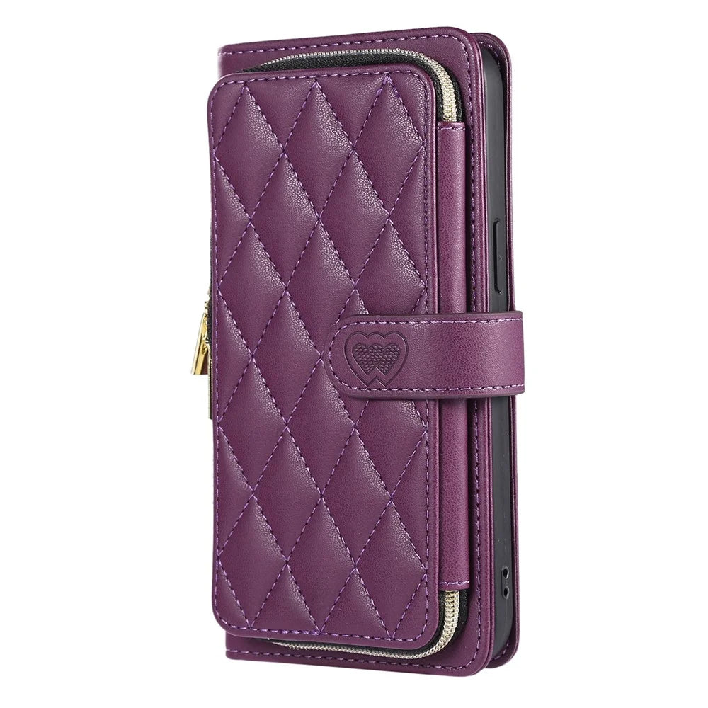 For iPhone 16 Pro Max Wallet Case Folio PU Leather Stand Rhombus Phone Cover with Hand Strap - Dark Purple - 7