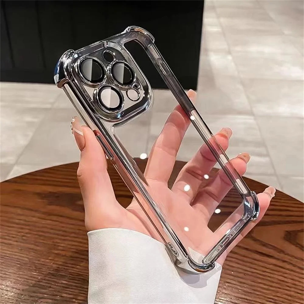 For iPhone 16 Pro Max Case Four Corner Airbags Anti-Drop Hard PC Phone Cover with Tempered Glass Lens Film - Silver - 1