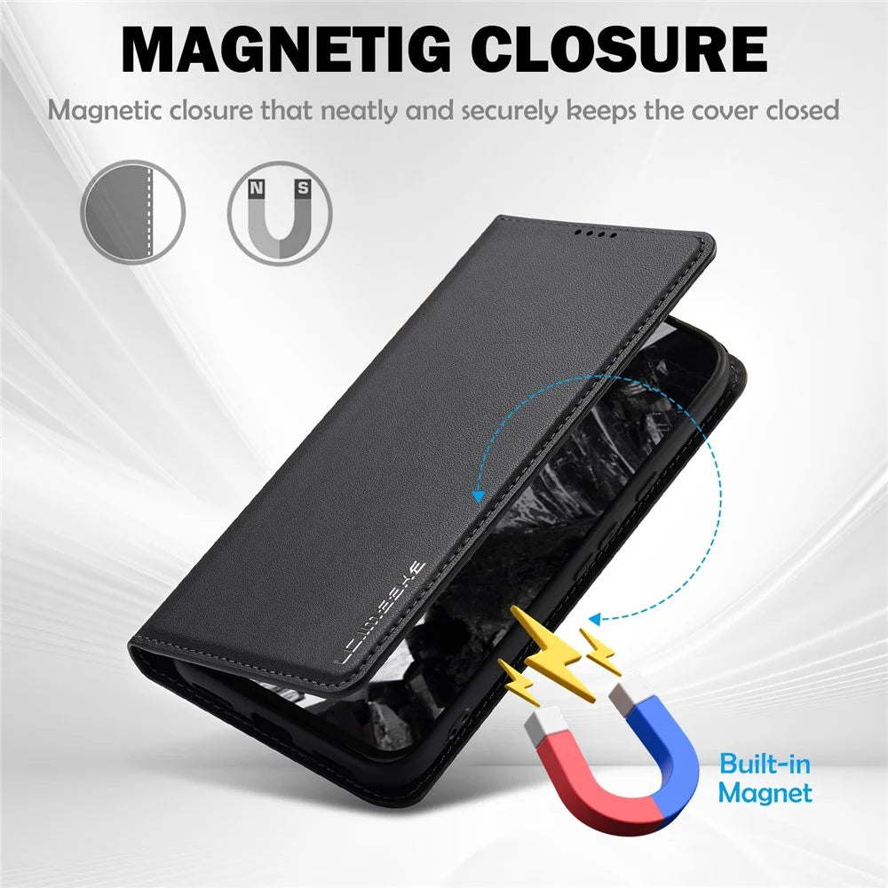 LC.IMEEKE L1 Series for Google Pixel 8 Case PU Leather Wallet Stand Protective Phone Cover - Black - 5
