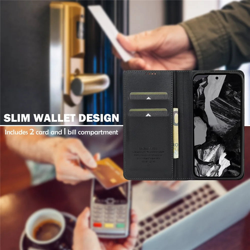 LC.IMEEKE L1 Series for Google Pixel 8 Case PU Leather Wallet Stand Protective Phone Cover - Black - 6