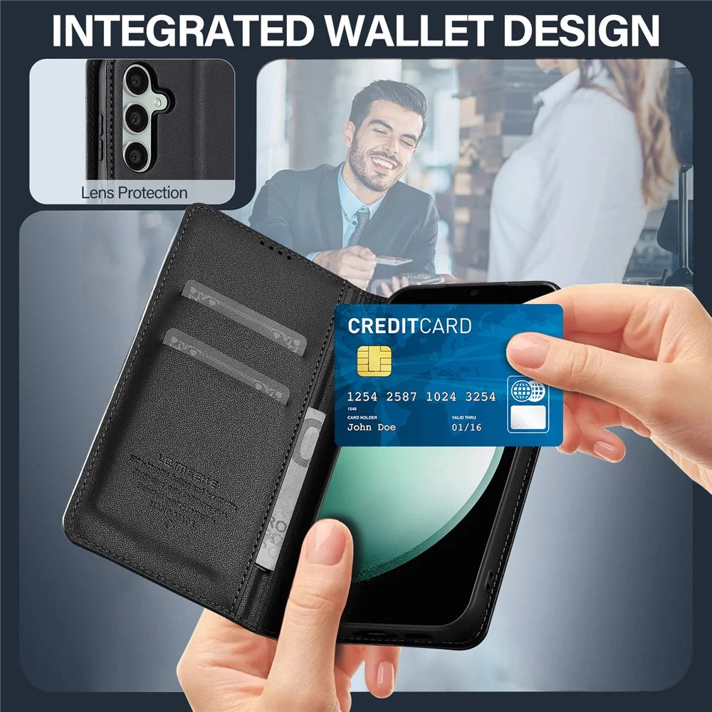 LC.IMEEKE L1 Series for Samsung Galaxy S24+ Case PU Leather Wallet Stand Protective Phone Cover - Black - 7