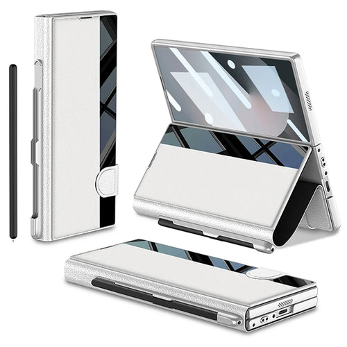 GKK For Samsung Galaxy Z Fold6 5G Stand Case Pen Slot PC+PU Flip Phone Cover with Screen Film - Silver - 1