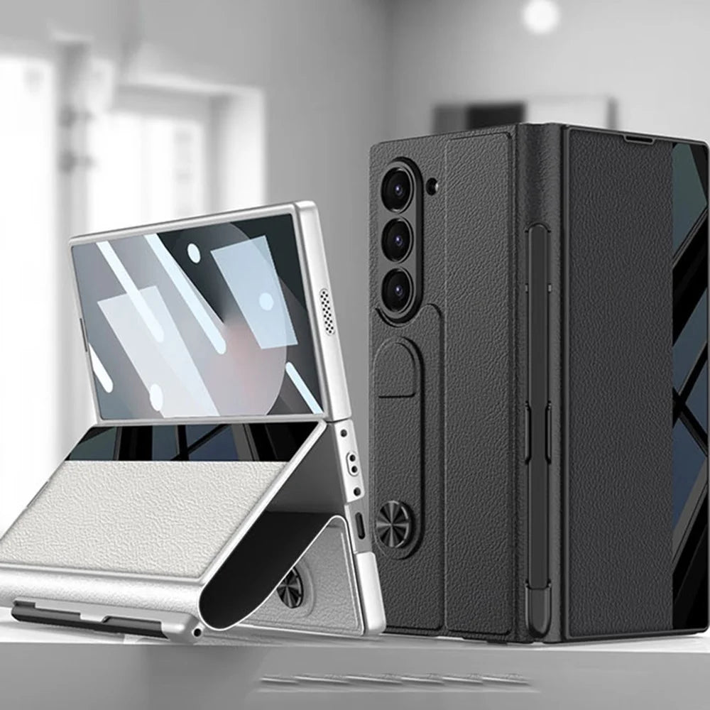 GKK For Samsung Galaxy Z Fold6 5G Stand Case Pen Slot PC+PU Flip Phone Cover with Screen Film - Silver - 2