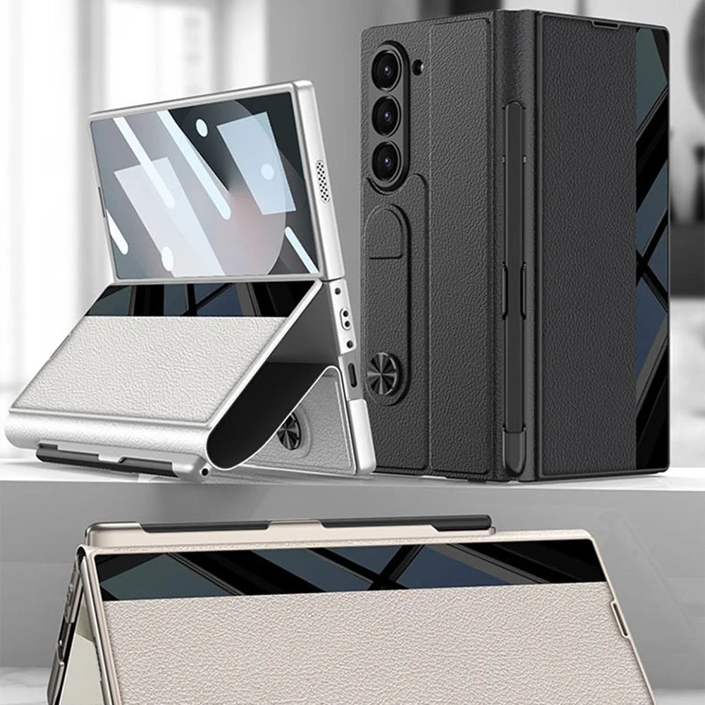 GKK For Samsung Galaxy Z Fold6 5G Stand Case Pen Slot PC+PU Flip Phone Cover with Screen Film - Silver - 3
