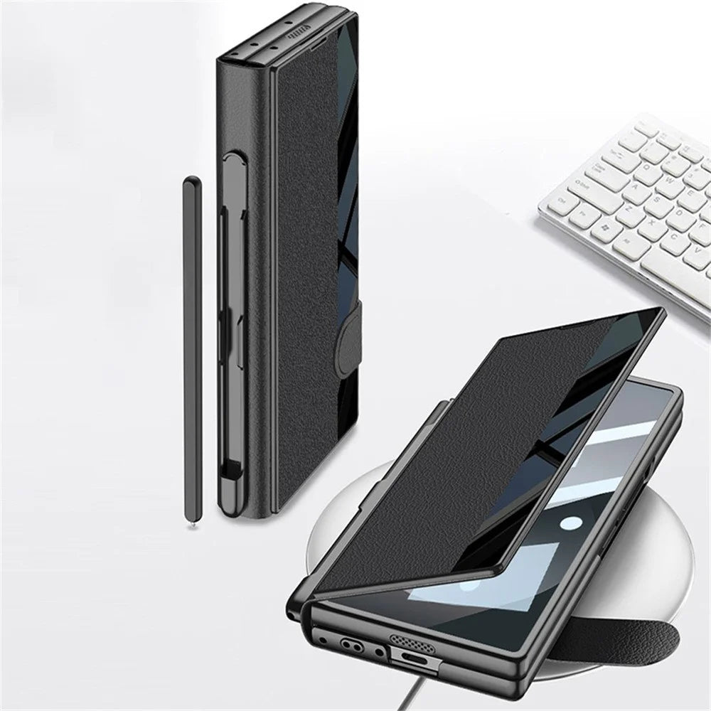 GKK For Samsung Galaxy Z Fold6 5G Stand Case Pen Slot PC+PU Flip Phone Cover with Screen Film - Silver - 4