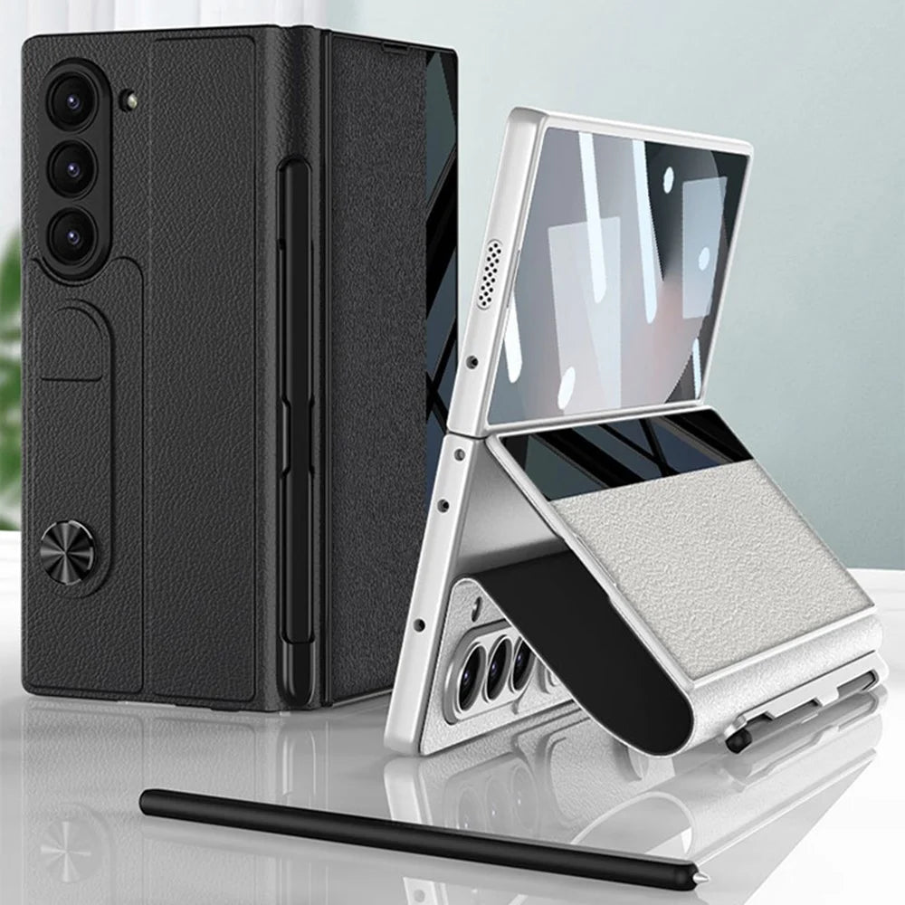 GKK For Samsung Galaxy Z Fold6 5G Stand Case Pen Slot PC+PU Flip Phone Cover with Screen Film - Silver - 7