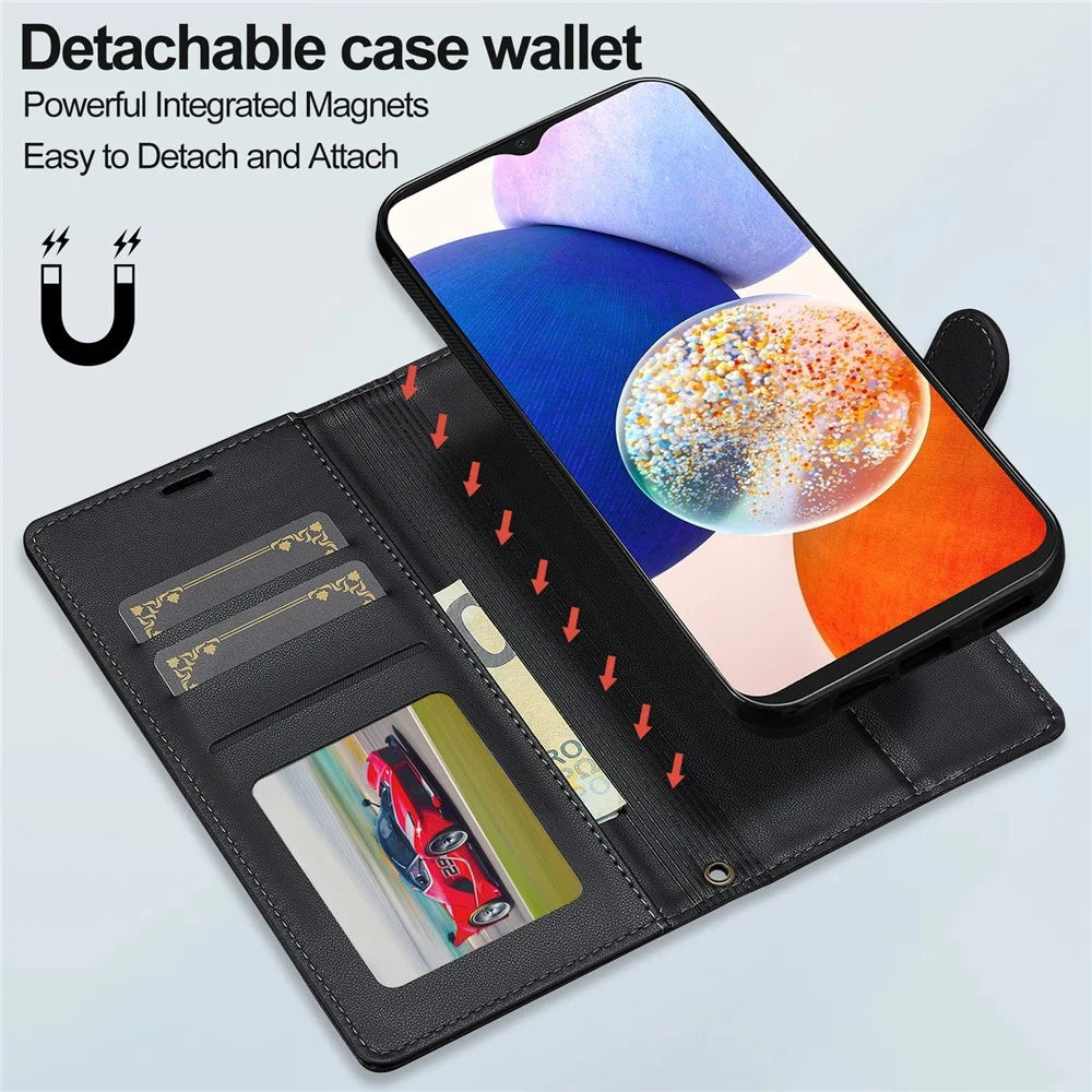 LC.IMEEKE L2 Series for Samsung Galaxy A14 5G Case PU Leather Wallet Detachable Magnetic Phone Cover - Black - 7