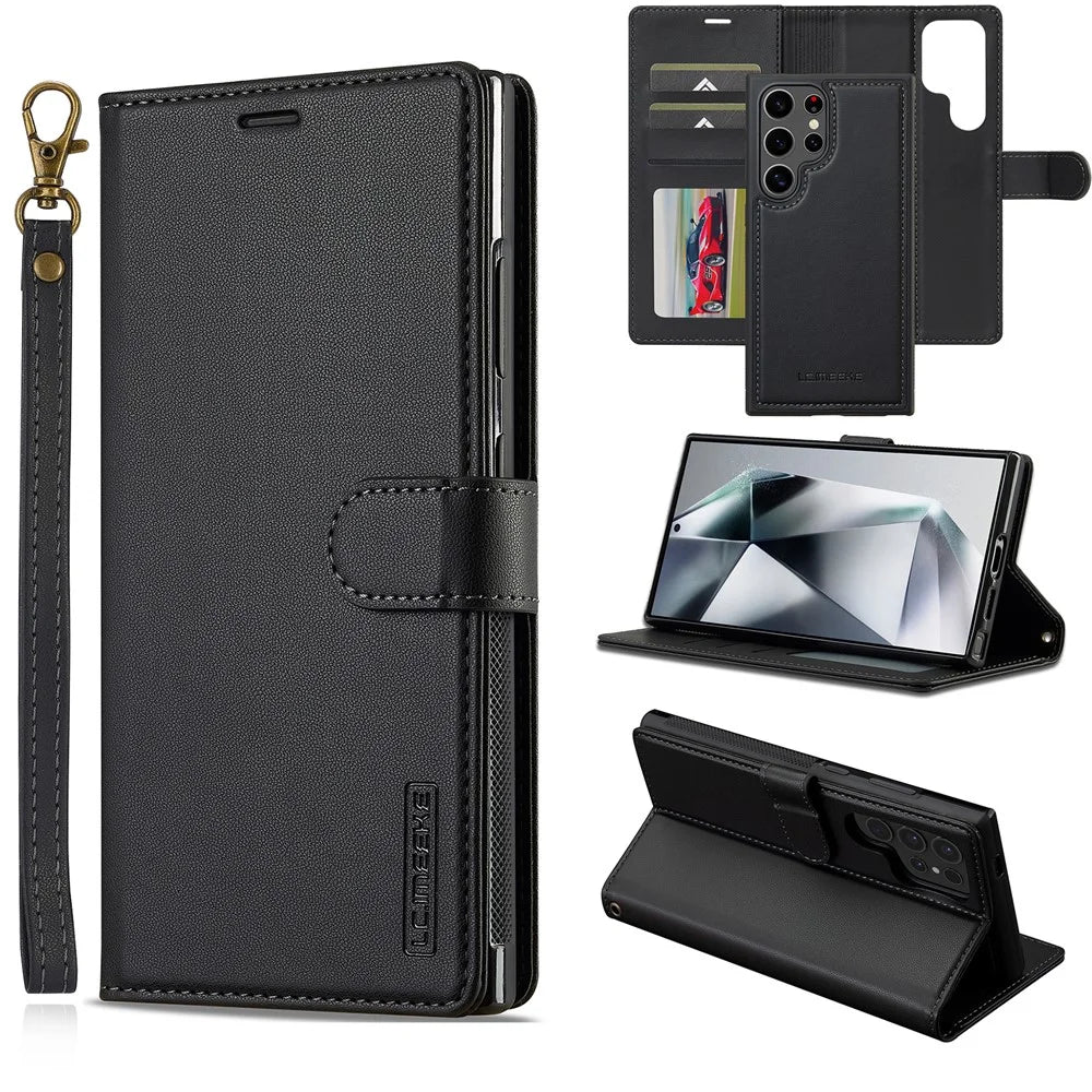 LC.IMEEKE L2 Series for Samsung Galaxy S23 Ultra Case PU Leather Wallet Detachable Magnetic Phone Cover - Black - 1