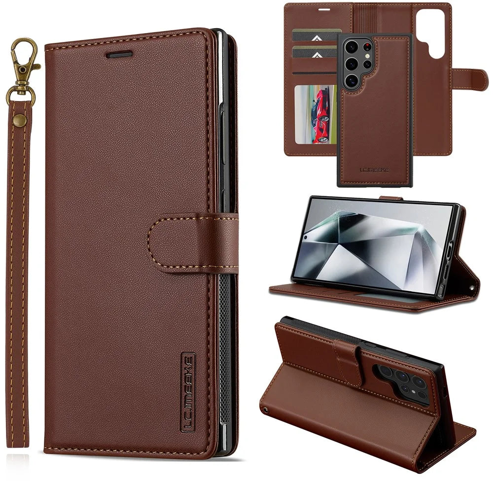 LC.IMEEKE L2 Series for Samsung Galaxy S24 Ultra Case PU Leather Wallet Detachable Magnetic Phone Cover - Brown - 1