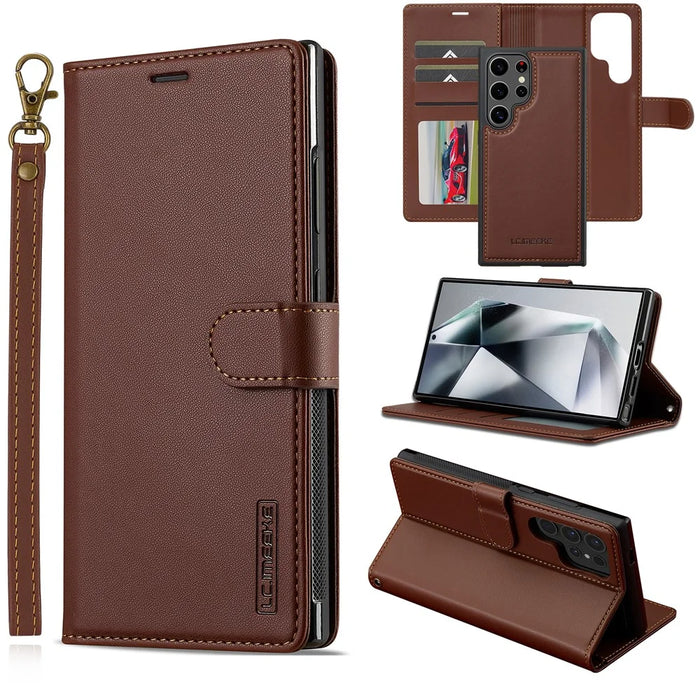 LC.IMEEKE L2 Series for Samsung Galaxy S24 Ultra Case PU Leather Wallet Detachable Magnetic Phone Cover - Brown - 1