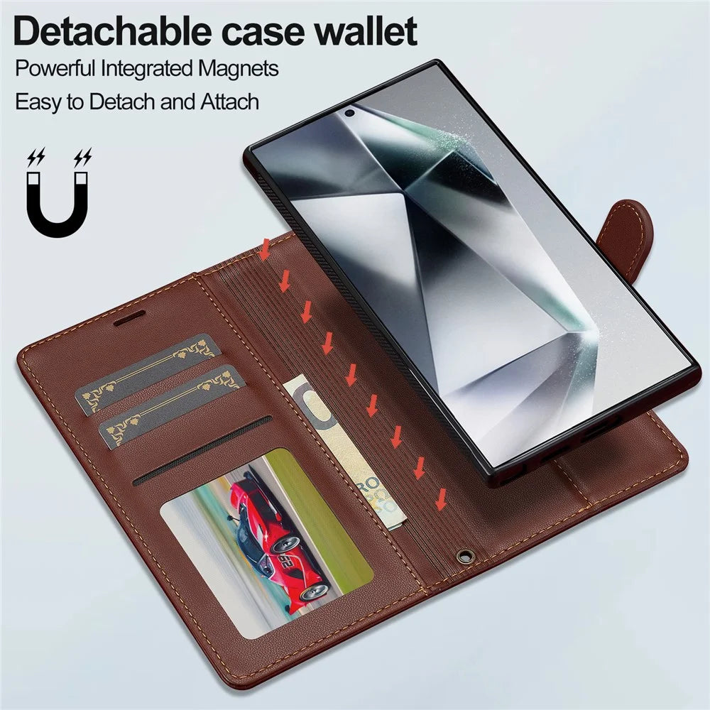 LC.IMEEKE L2 Series for Samsung Galaxy S24 Ultra Case PU Leather Wallet Detachable Magnetic Phone Cover - Brown - 7
