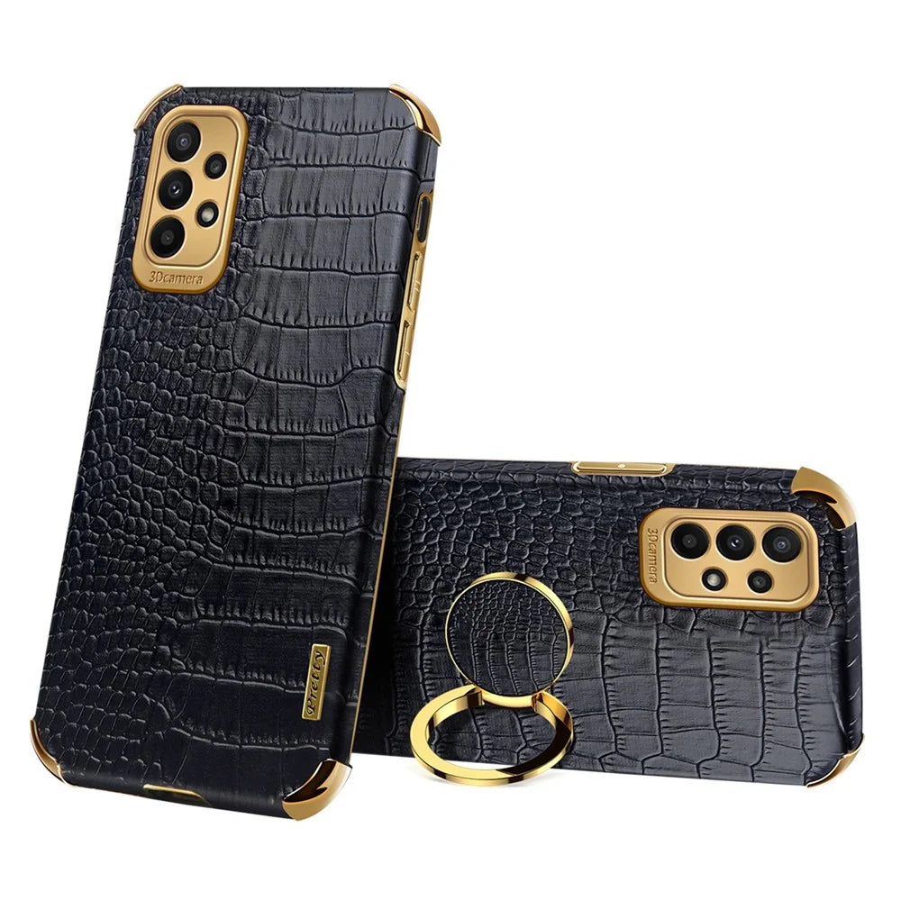 For Samsung Galaxy A23 5G (Global Version) / 4G Crocodile Texture Electroplating Phone Case Ring Kickstand PU Leather Coated TPU Cover - Black - 1
