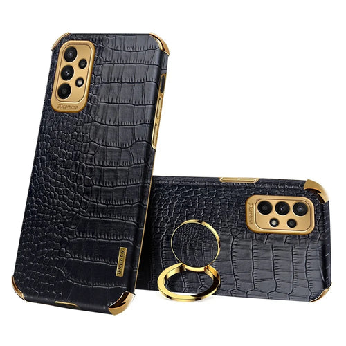 For Samsung Galaxy A23 5G (Global Version) / 4G Crocodile Texture Electroplating Phone Case Ring Kickstand PU Leather Coated TPU Cover - Black - 1