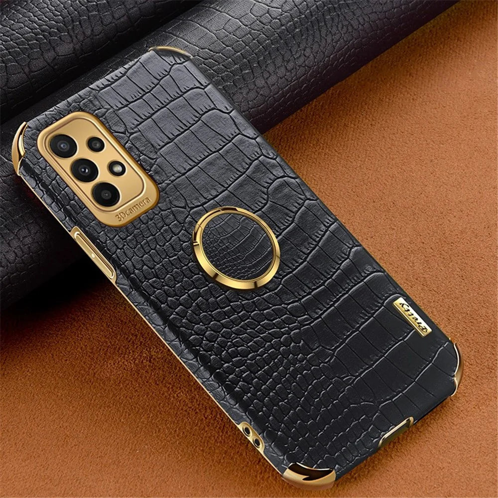 For Samsung Galaxy A23 5G (Global Version) / 4G Crocodile Texture Electroplating Phone Case Ring Kickstand PU Leather Coated TPU Cover - Black - 2