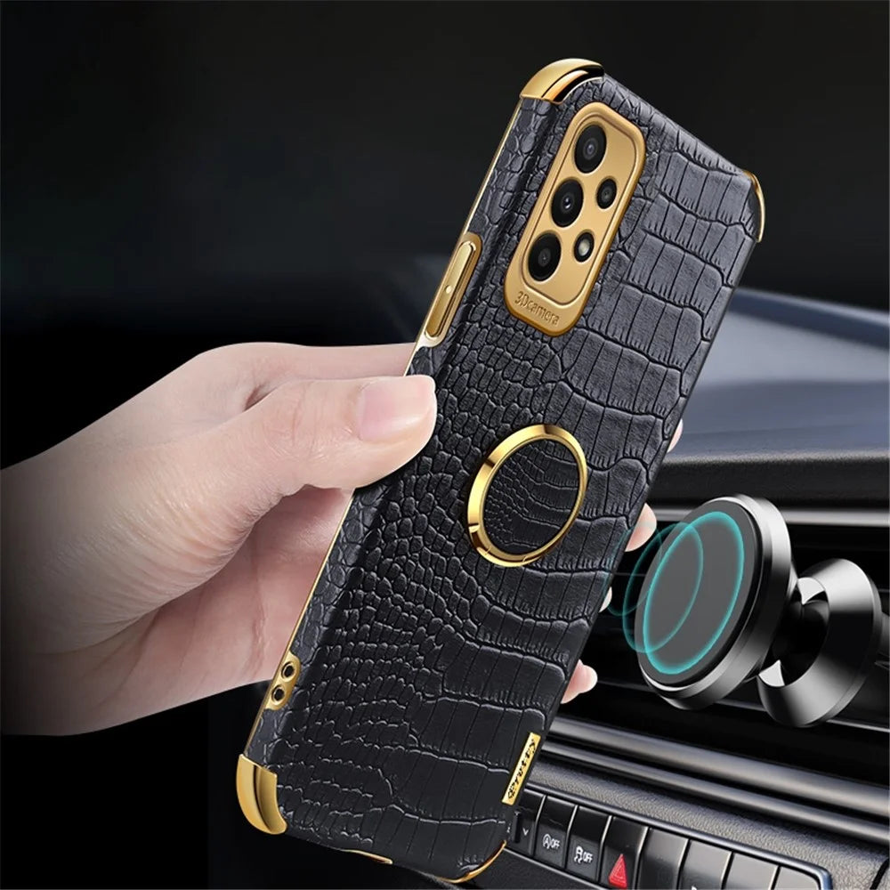 For Samsung Galaxy A23 5G (Global Version) / 4G Crocodile Texture Electroplating Phone Case Ring Kickstand PU Leather Coated TPU Cover - Black - 3