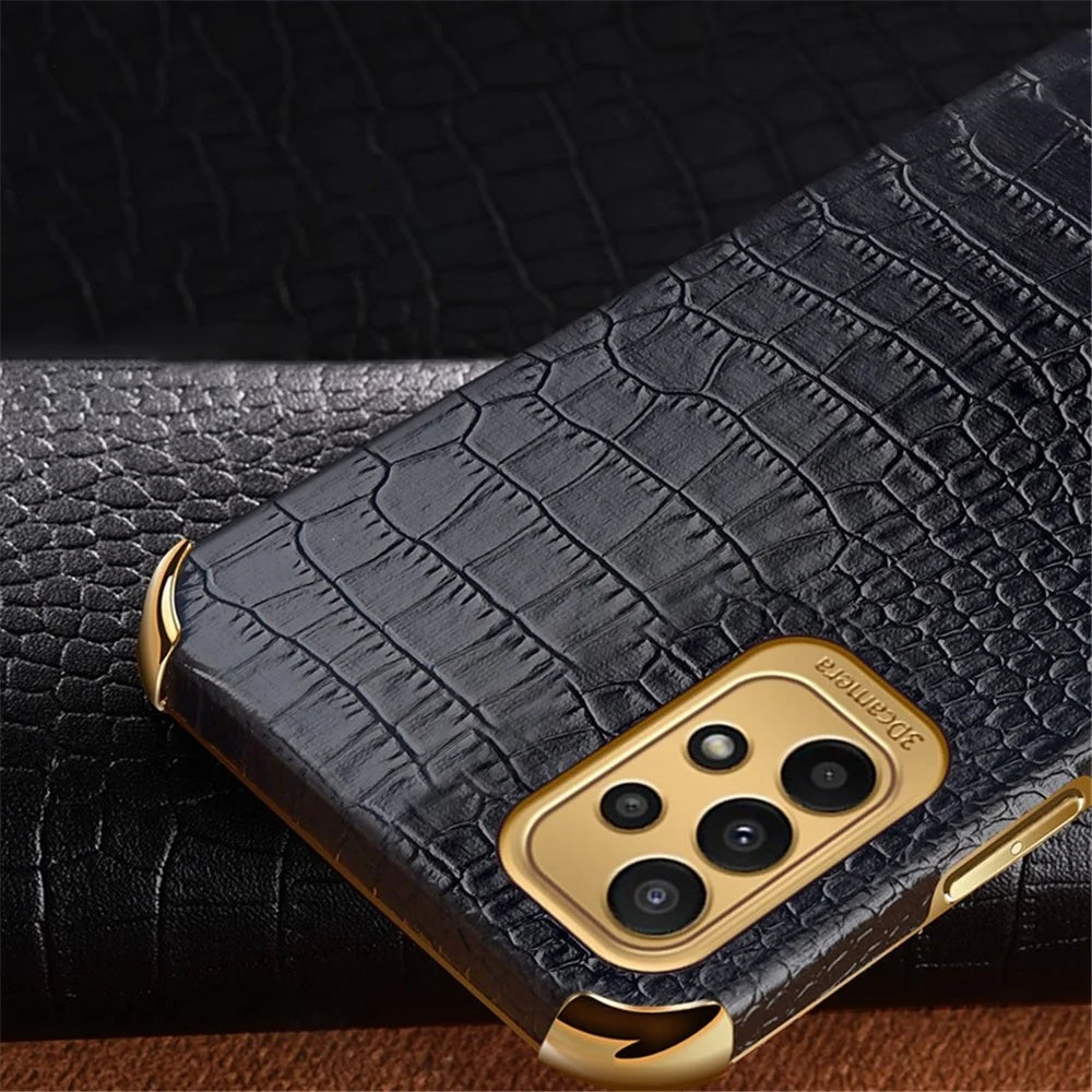 For Samsung Galaxy A23 5G (Global Version) / 4G Crocodile Texture Electroplating Phone Case Ring Kickstand PU Leather Coated TPU Cover - Black - 4