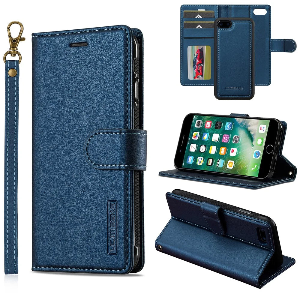 LC.IMEEKE L2 Series for iPhone SE (2022) / SE (2020) / 8 / 7 Case PU Leather Wallet Detachable Magnetic Phone Cover - Blue - 1