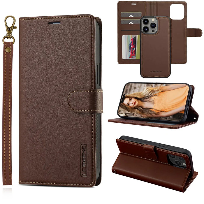 LC.IMEEKE L2 Series for iPhone 14 Pro Max Case PU Leather Wallet Detachable Magnetic Phone Cover - Brown - 1
