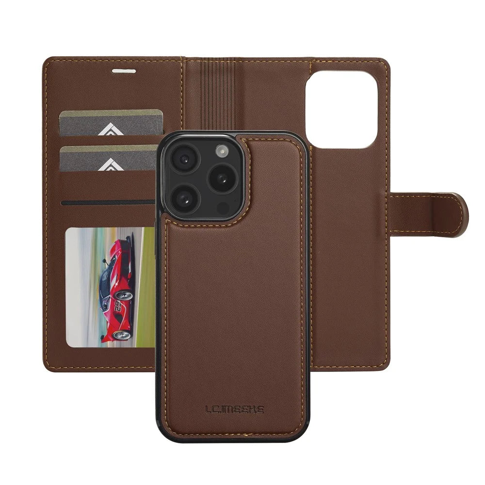 LC.IMEEKE L2 Series for iPhone 14 Pro Max Case PU Leather Wallet Detachable Magnetic Phone Cover - Brown - 2