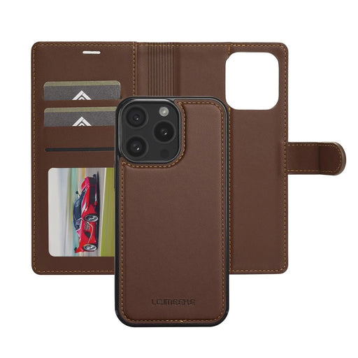 LC.IMEEKE L2 Series for iPhone 14 Pro Max Case PU Leather Wallet Detachable Magnetic Phone Cover - Brown - 2
