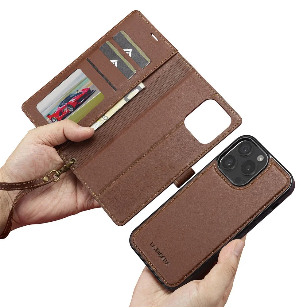 LC.IMEEKE L2 Series for iPhone 14 Pro Max Case PU Leather Wallet Detachable Magnetic Phone Cover - Brown - 7