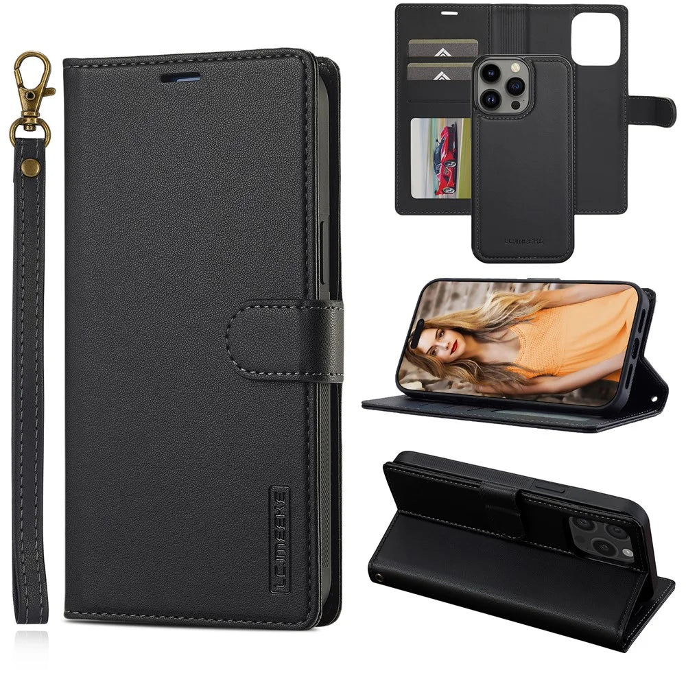 LC.IMEEKE L2 Series for iPhone 15 Pro Max Case PU Leather Wallet Detachable Magnetic Phone Cover - Black - 1