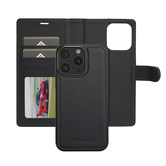 LC.IMEEKE L2 Series for iPhone 15 Pro Max Case PU Leather Wallet Detachable Magnetic Phone Cover - Black - 2