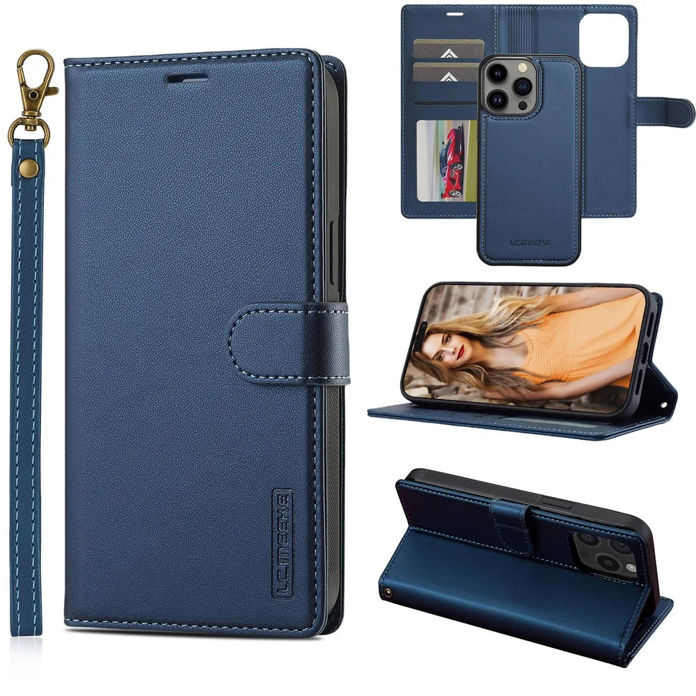 LC.IMEEKE L2 Series for iPhone 15 Pro Case PU Leather Wallet Detachable Magnetic Phone Cover - Blue - 1