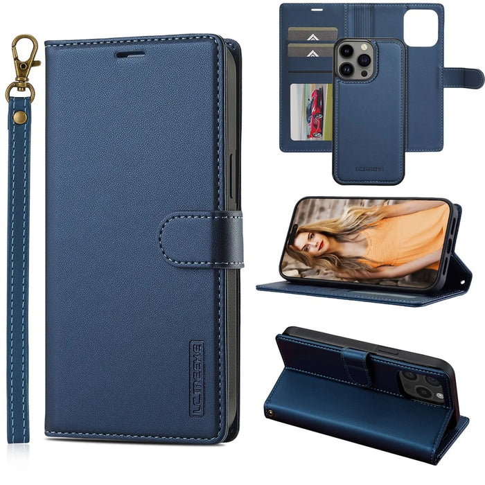 LC.IMEEKE L2 Series for iPhone 15 Pro Case PU Leather Wallet Detachable Magnetic Phone Cover - Blue - 1