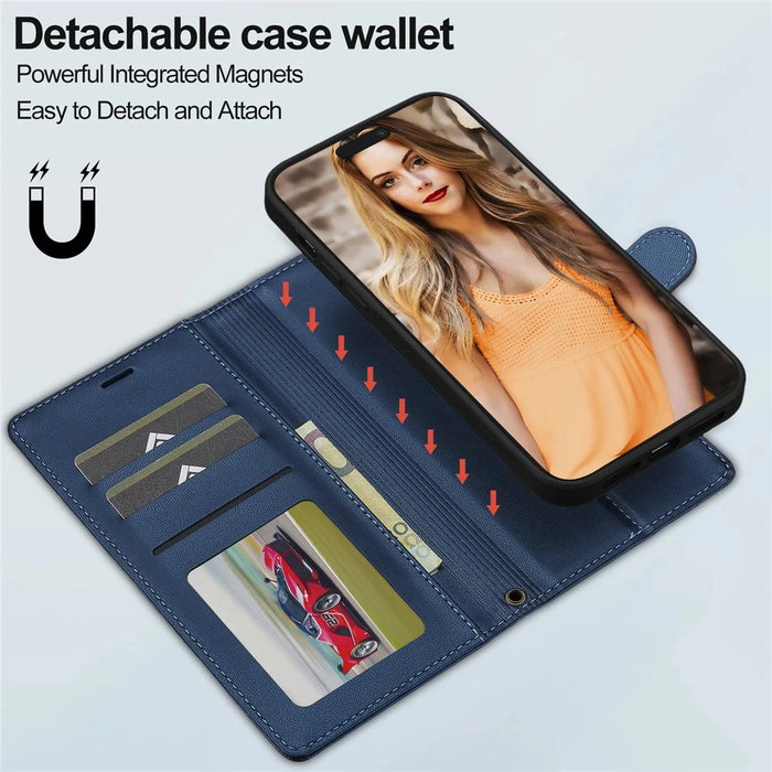 LC.IMEEKE L2 Series for iPhone 15 Pro Case PU Leather Wallet Detachable Magnetic Phone Cover - Blue - 7