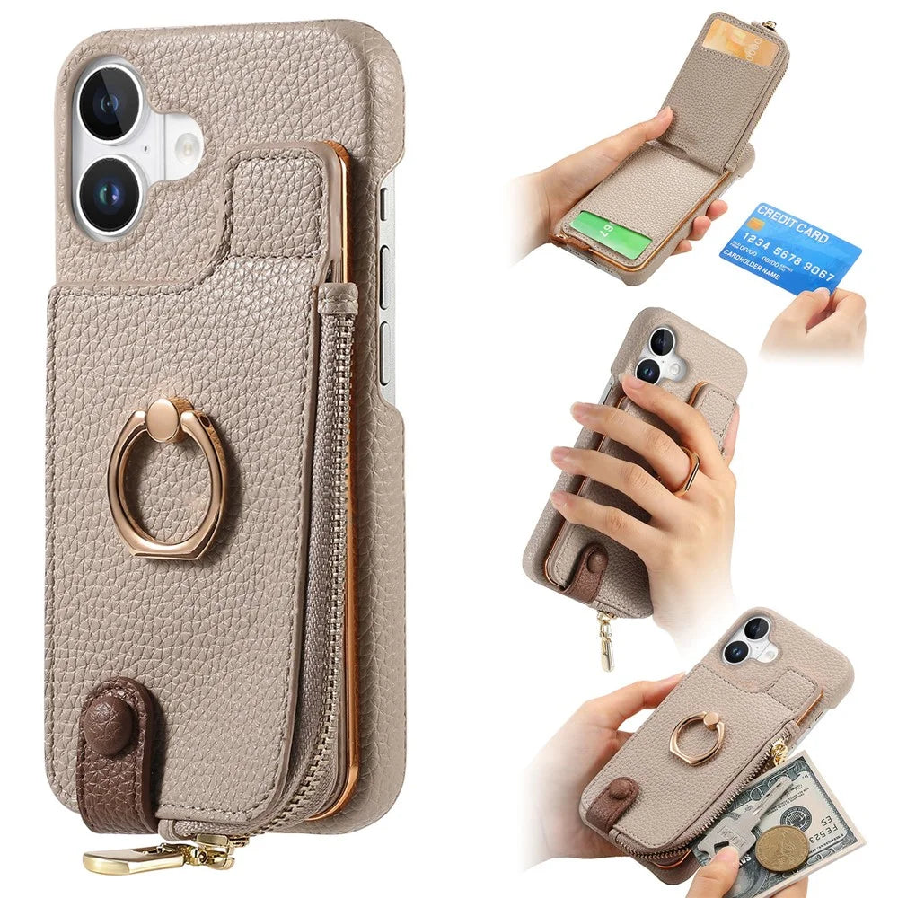 Y3 For iPhone 16 Case Card Holder Kickstand Leather+TPU Phone Cover with Zipper Pocket - Khaki - 1